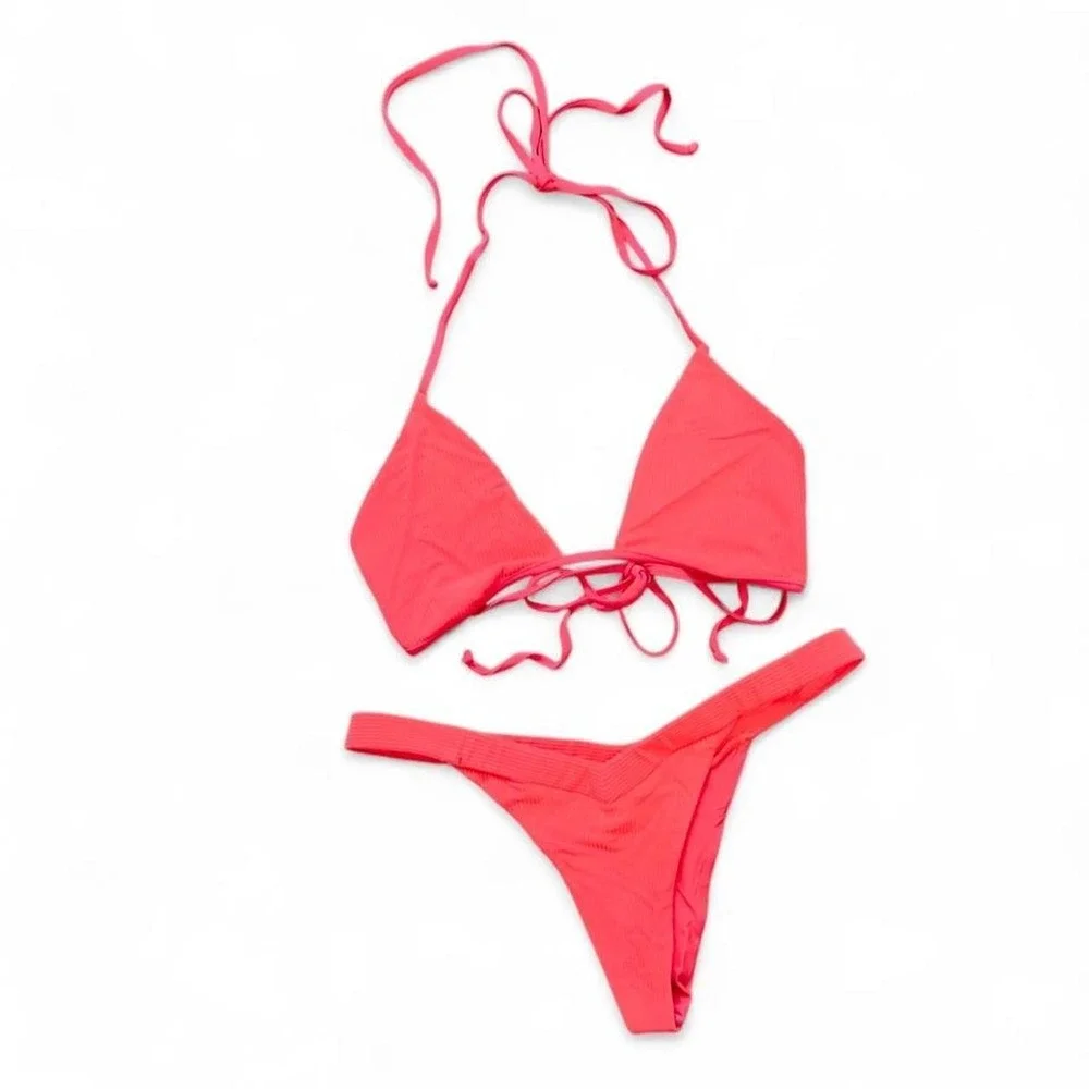 Frankies Bikinis Coral Pink Halter Bikini Set Cheeky Bottoms Sz Large Swimsuit